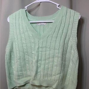 Cable-Knit V-Neck Sweater Vest - Mint Green